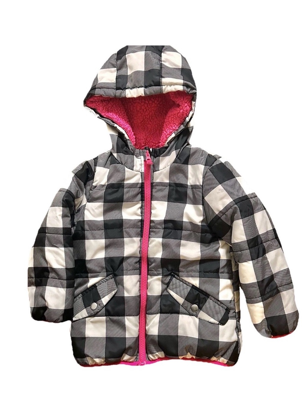 Carter's warm Black and White Checkered winter Jacket with Pink Fleece lining